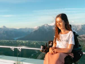 Close up portrait shot of Tori on the observation deck at Sulphur Mountain.