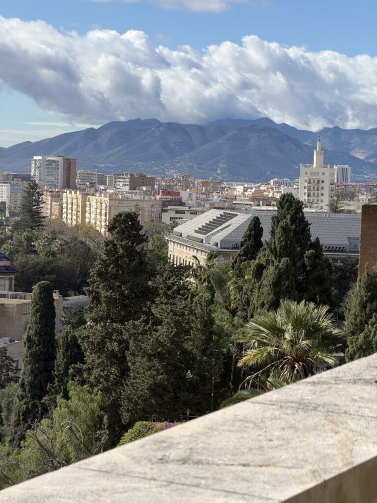 Sweeping view of Malaga city skyline, palm trees, and mountain backdrop seen from the wheelchair accessible upper terrace of Alcazaba fortress in Malaga, Spain on a sunny day