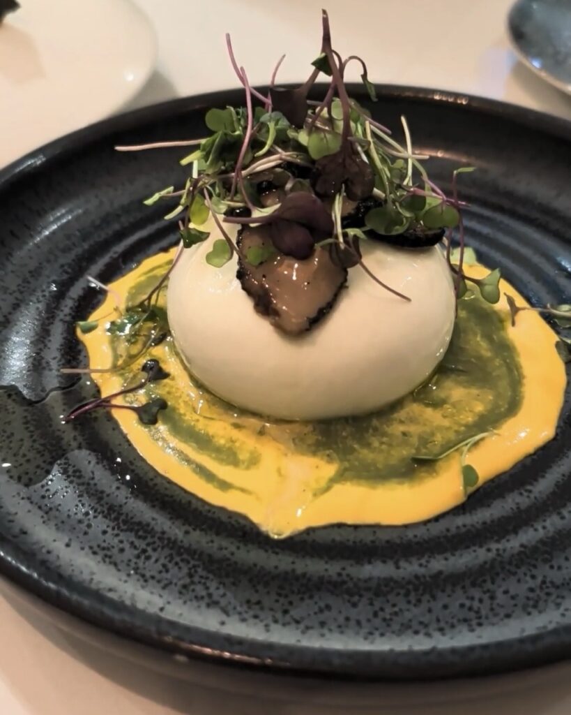 Burrata with tomato cream and black truffle shavings plated on a dark ceramic dish, served at Unico Ristorante Italiano — a wheelchair accessible Italian restaurant in Malaga, Spain