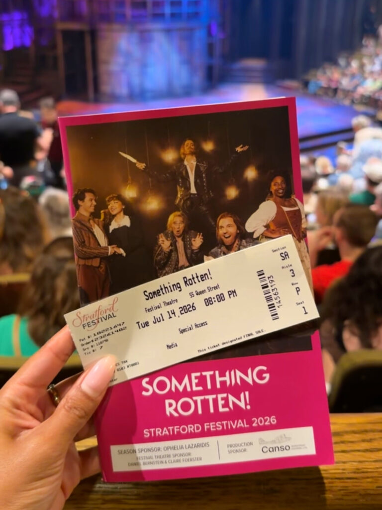 A Special Access ticket and program for Something Rotten! at the Stratford Festival's Festival Theatre in Stratford, Ontario, highlighting accessible seating options