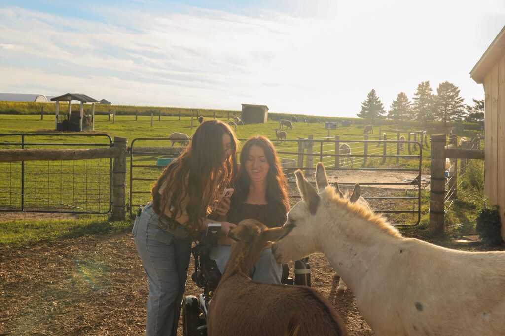 Tori Hunter, a wheelchair user and disabled travel blogger, laughing in her power wheelchair as two miniature donkeys nuzzle in during a sunset picnic at Udderly Ridiculous Farm Life on her wheelchair accessible Oxford County getaway in Ontario