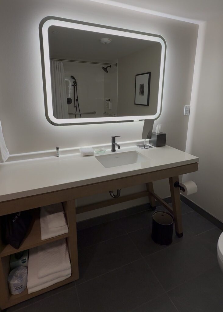 Roll-under sink with open shelving below and a high-mounted lit mirror in the wheelchair accessible bathroom at Delta Hotels Halifax, Nova Scotia