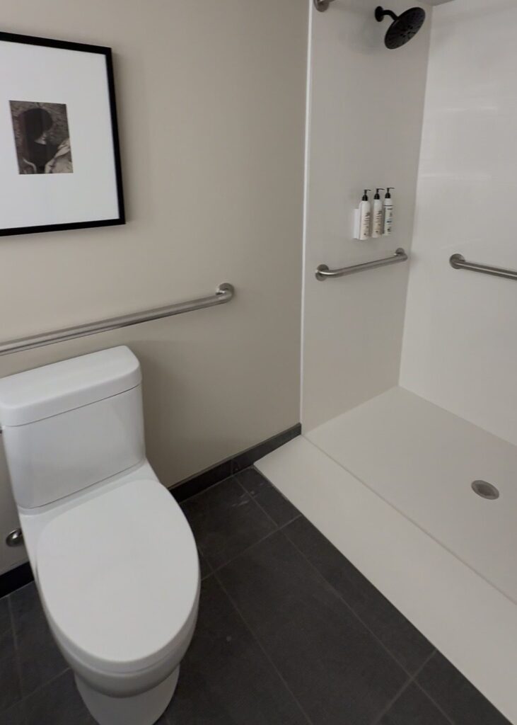 Roll-in shower with grab bars, a small threshold ramp and a toilet with a grab bar in the wheelchair accessible bathroom at Delta Hotels Halifax, Nova Scotia